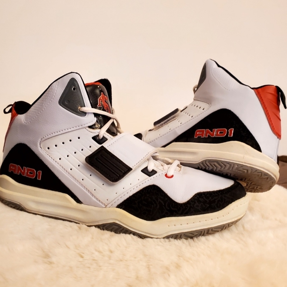 AND1 Capital 3.0 Men’s Basketball Shoes Size 10 White Red Mid Top Strap Athletic